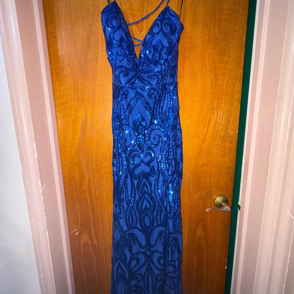 Windsor Blue Spaghetti Strap Prom/ formal dress with slit